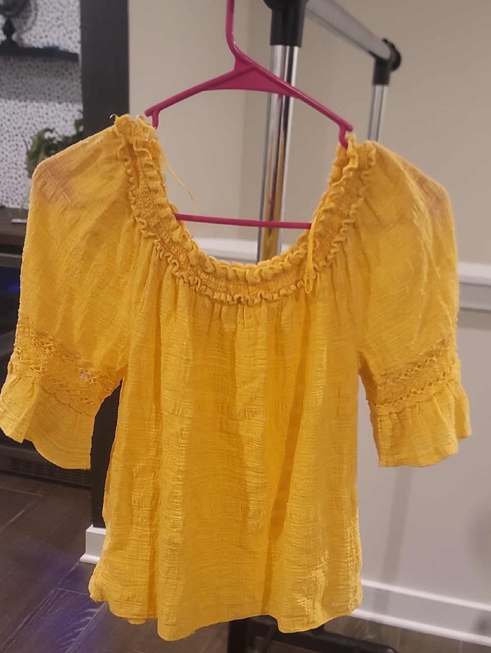 Max Studio Yellow Peasant Blouse with Lace Trim